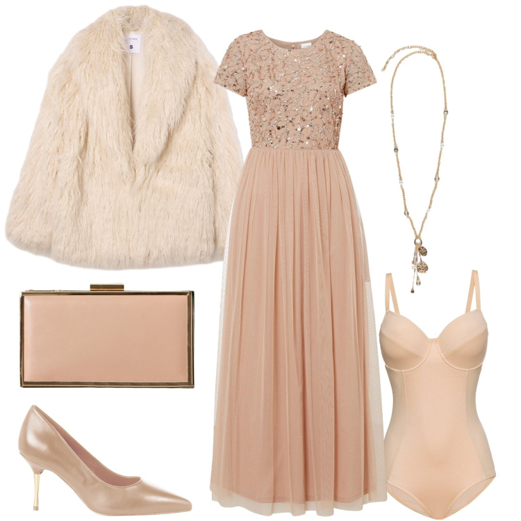 Outfit donna - L\'abito della damigella perfetta. Stile Chic per Cerimonia. Abbinamento con body, vestiti lunghi, ecopellicce, décolleté, pochette, ciondoli.