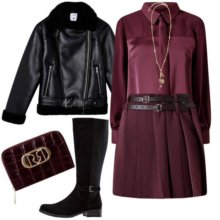 Outfit donna - Minigonna e camicia bordeaux. Stile Trendy per Serata fuori. look ideale per Petite. Abbinamento con stivali, giacche, camicie, portafogli, minigonne, ciondoli.