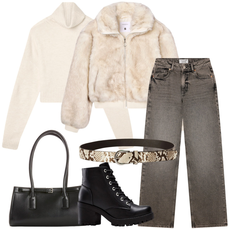 Outfit donna - Il bomber effetto pelliccia. Stile Casual chic per Serata fuori. Abbinamento con stivaletti, borse a mano, ecopellicce, cinture, jeans, maglieria.