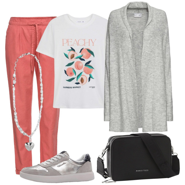 Outfit donna - Vado a fare la spesa. Stile Basic per Tutti i giorni. Abbinamento con cardigans, pantaloni, borse a tracolla, sneakers, t-shirt, collane.