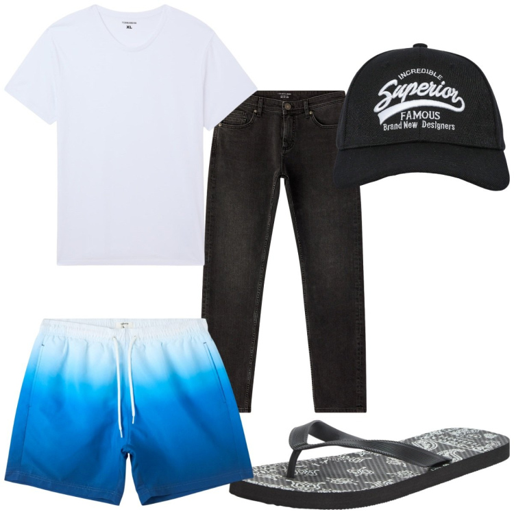 Outfit uomo - Total look #2254719. Stile Trendy per Mare. Abbinamento con cappelli con visiera, t-shirt, jeans, costumi, sandali.