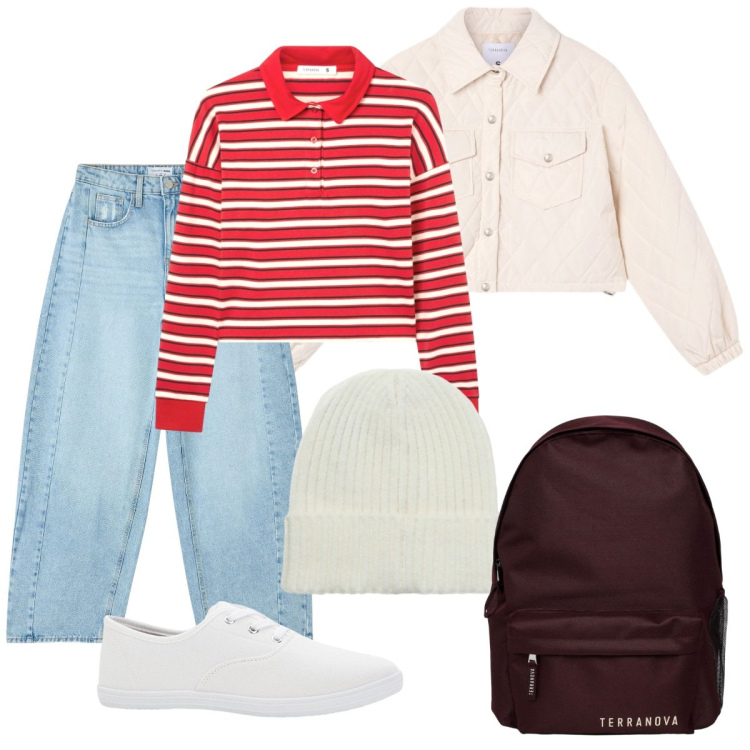 Outfit donna - Di fretta a scuola. Stile Casual per Scuola/Università. Abbinamento con sneakers, jeans, zaini, polo, berretti, giacche.