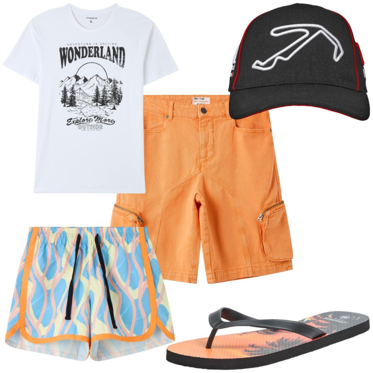 Outfit uomo - Total look #2254723. Stile Trendy per Mare. Abbinamento con pantaloni corti, cappelli, t-shirt, sandali, costumi.