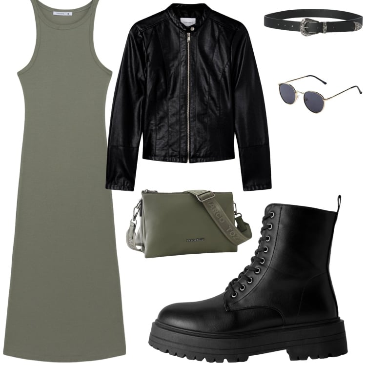 Outfit donna - La mia personalità. Stile Urban per Tutti i giorni. Abbinamento con borse a tracolla, occhiali da sole, vestiti lunghi, giacche, cinture, anfibi.