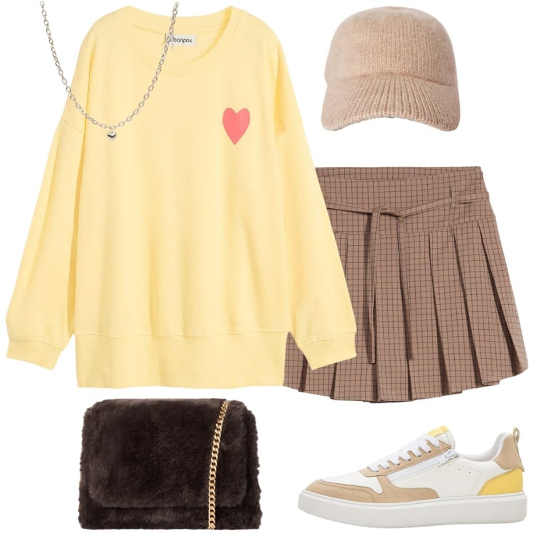 Outfit donna - La felpa coccolosa per mezze stagioni. Stile Urban per Tutti i giorni. Abbinamento con felpe, sneakers, gonne, collane, cappelli con visiera, borse a tracolla.