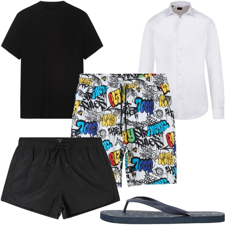 Outfit uomo - Total look #2254728. Stile Trendy per Mare. Abbinamento con costumi, bermuda, sandali, camicie, t-shirt.