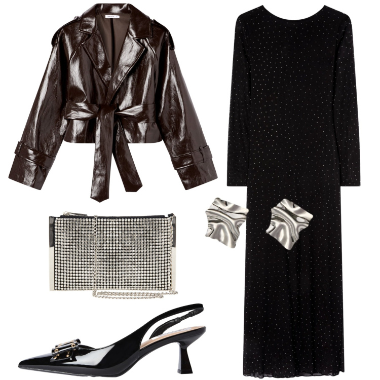 Outfit donna - Total look #2254732. Stile Glamour per Serata fuori. Abbinamento con giacche, vestiti lunghi, décolleté, pochette, orecchini.