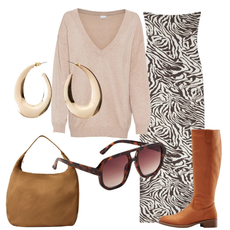 Outfit donna - L\'abito giusto. Stile Basic per Serata fuori. Abbinamento con maglieria, stivali, orecchini, occhiali da sole, vestiti lunghi, borse a mano.