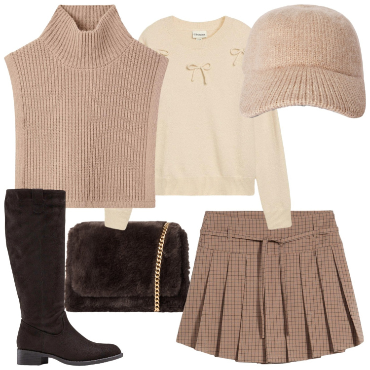 Outfit donna - Borsa trendy in semi pelliccia. Stile Trendy per Tutti i giorni. Abbinamento con stivali, gonne, maglieria, cappotti, cappelli con visiera, borse a tracolla.
