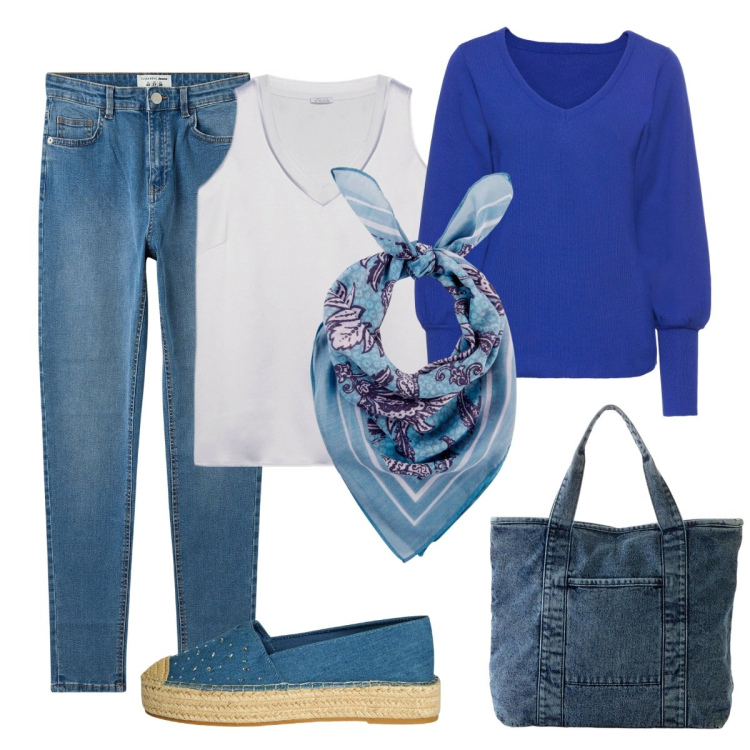 Outfit donna - Sempre femminile. Stile Casual chic per Tutti i giorni. Abbinamento con maglieria, foulard, shopping bag, jeans skinny, espadrillas, top.