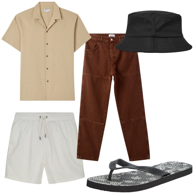 Outfit uomo - Total look #2254743. Stile Trendy per Mare. Abbinamento con camicie a manica corta, sandali, pantaloni, cappelli, costumi.
