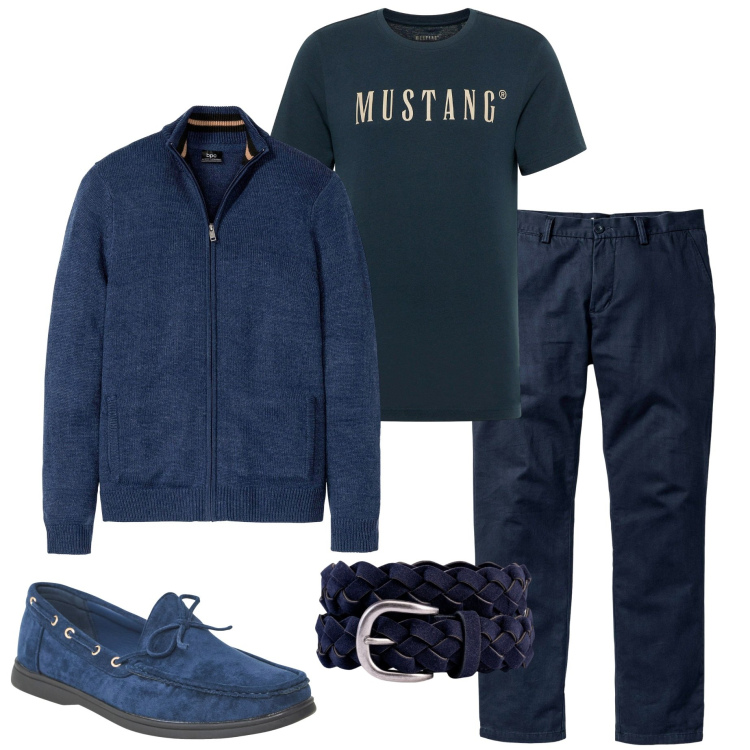 Outfit uomo - Con gli amici. Stile Casual per Tutti i giorni. Abbinamento con pantaloni chino, cardigans, t-shirt, scarpe stringate, cinture.