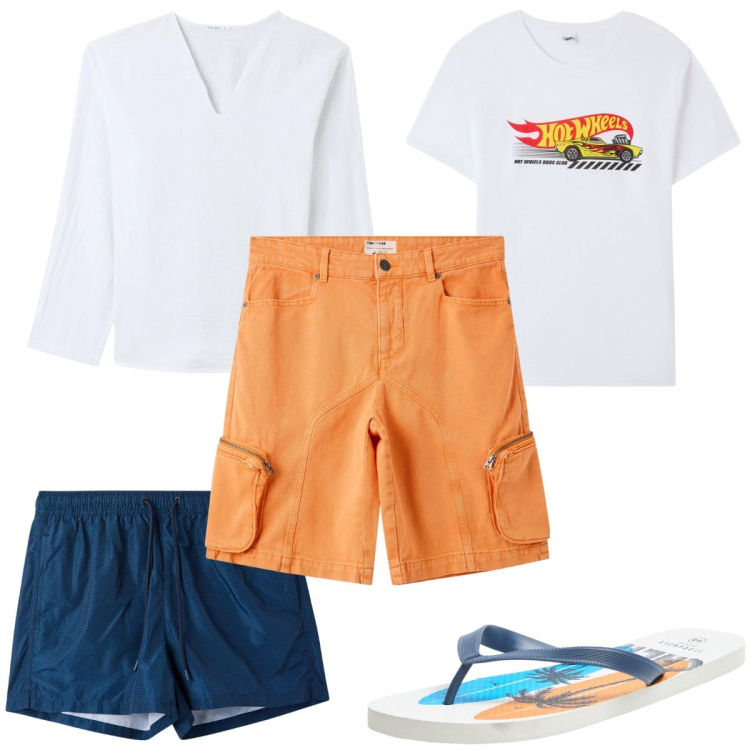 Outfit uomo - Total look #2254747. Stile Trendy per Mare. Abbinamento con pantaloni corti, costumi, t-shirt, sandali, camicie.