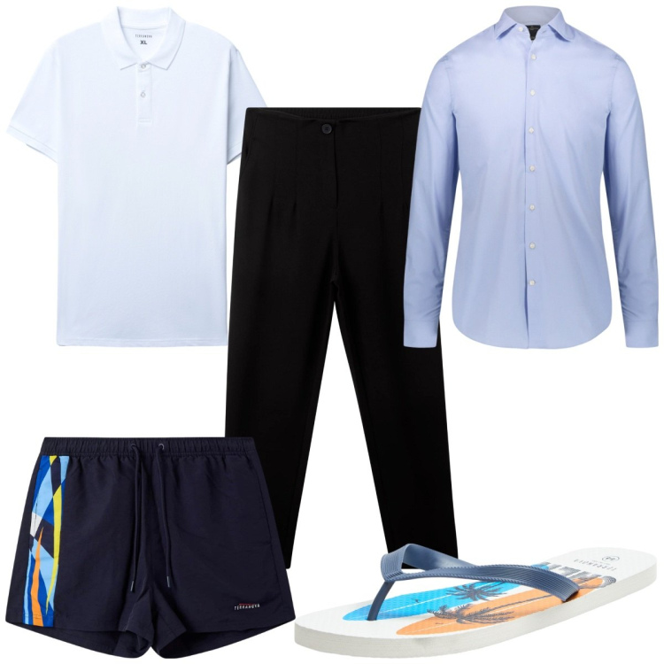 Outfit uomo - Total look #2254748. Stile Trendy per Mare. Abbinamento con sandali, pantaloni chino, costumi, polo, camicie.