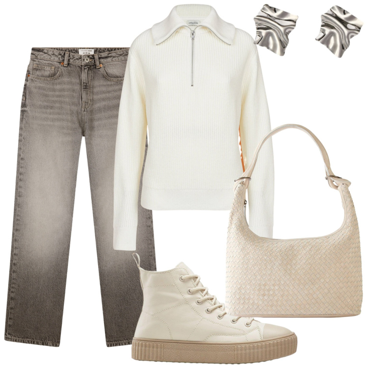 Outfit donna - Grigio e panna. Stile Casual per Tutti i giorni. Abbinamento con sneakers alte, shopping bag, jeans dritti, maglieria, orecchini.