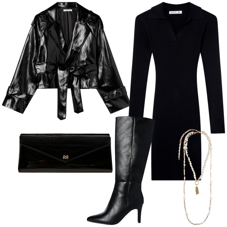 Outfit donna - Total look #2254750. Stile Glamour per Serata fuori. Abbinamento con vestiti a tubino, giacche, stivali sopra il ginocchio, pochette, collane.