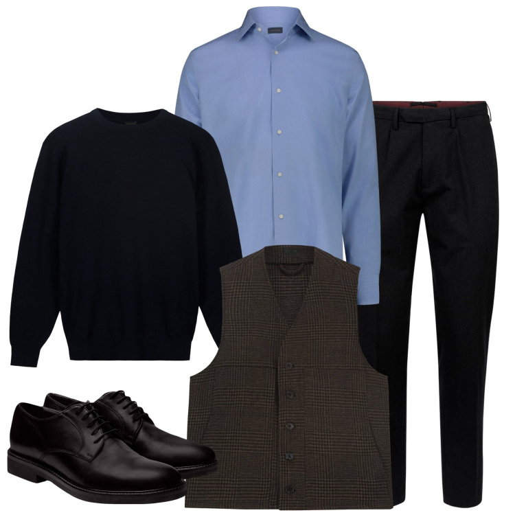 Outfit uomo - In ufficio. Stile Business/Elegante per Ufficio. Abbinamento con gilet, camicie, scarpe stringate, pantaloni, maglieria.