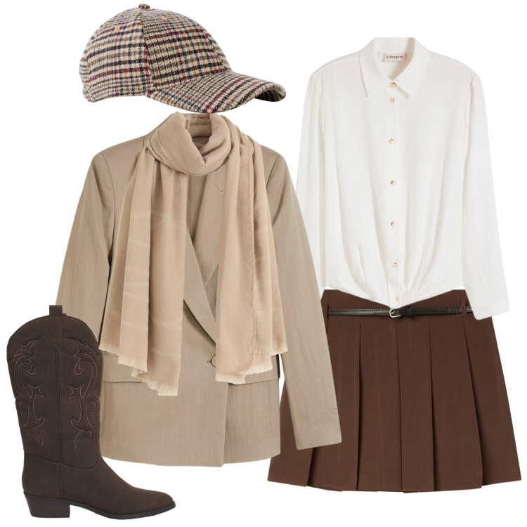 Outfit donna - Capi chic per i look quotidiani. Stile Urban per Tutti i giorni. Abbinamento con blazer, sciarpe, cappelli con visiera, camicie, minigonne, stivaletti texani.