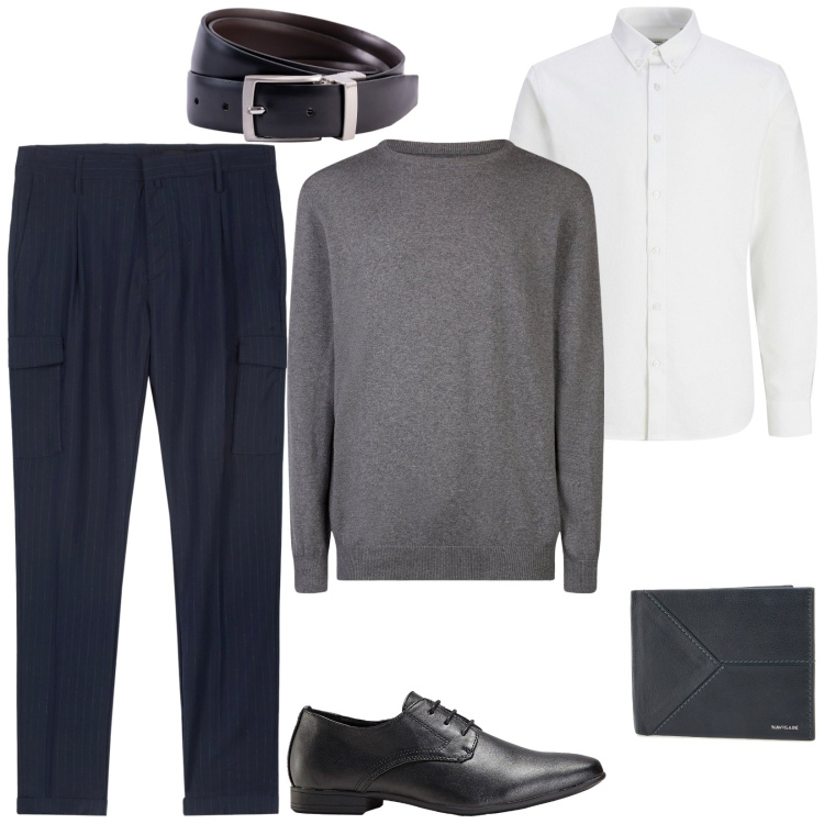 Outfit uomo - Outfit lavoro formale toni neutri. Stile Business/Elegante per Ufficio. Abbinamento con scarpe stringate, camicie, pantaloni cargo, maglieria, portafogli, cinture.
