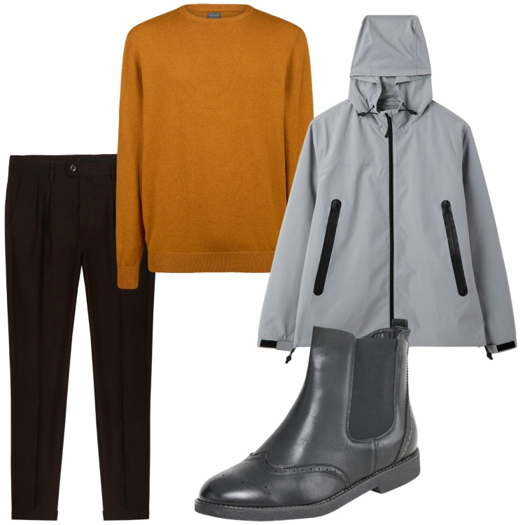 Outfit uomo - La giacca antipioggia. Stile Trendy per Tutti i giorni. Abbinamento con stivali e stivaletti, giacche, maglieria, pantaloni.