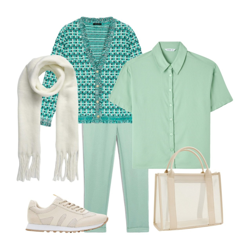 Outfit donna - Toni di verde chiaro. Stile Basic per Tutti i giorni. Abbinamento con sneakers, pantaloni chino, borse tote, camicie a manica corta, sciarpe, cardigans.