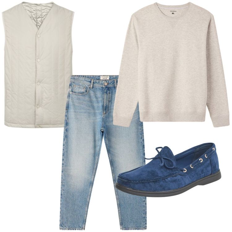 Outfit uomo - Il gilet ghiaccio. Stile Trendy per Tutti i giorni. Abbinamento con scarpe stringate, jeans dritti, felpe, piumini.