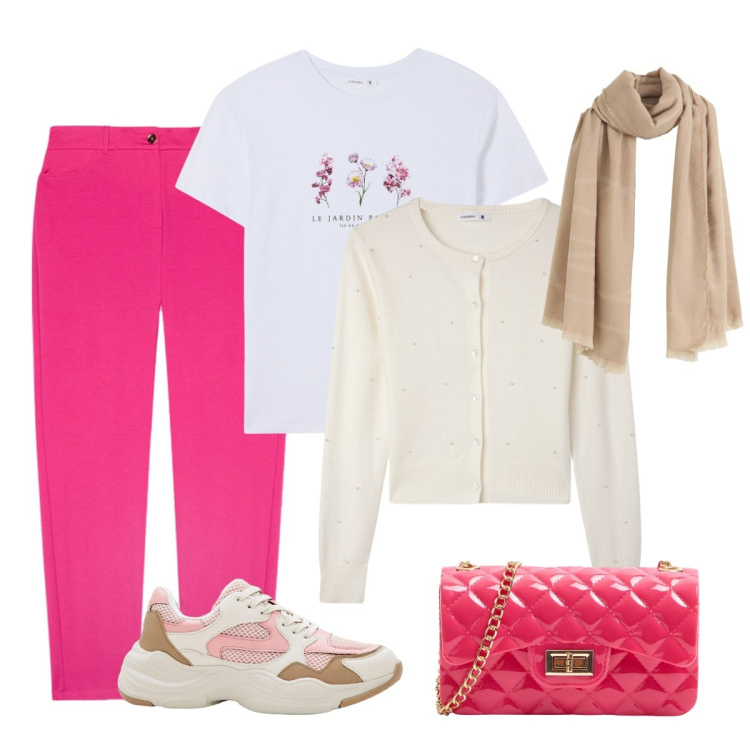 Outfit donna - Fatto per me. Stile Casual chic per Tutti i giorni. Abbinamento con sneakers, sciarpe, t-shirt, borse a tracolla, cardigans, pantaloni chino.