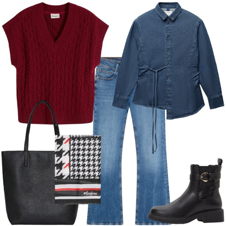 Outfit donna - Outfit casual e versatile. Stile Casual per Ufficio. Abbinamento con stivaletti chelsea, maglieria, borse tote, jeans a zampa, camicie, foulard.