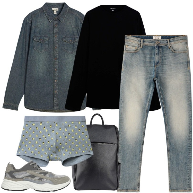 Outfit uomo - Denim effetto usato. Stile Casual per Tutti i giorni. Abbinamento con camicie, t-shirt, sneakers, jeans skinny, boxer, borse sportive.