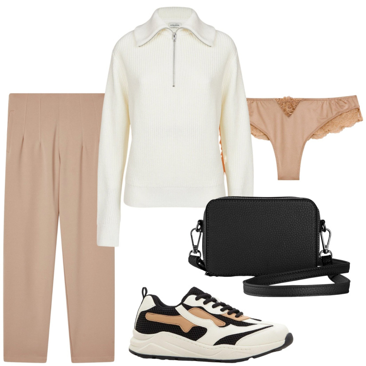 Outfit donna - Casual. Stile Casual per Tutti i giorni. Abbinamento con culotte, sneakers, borse a tracolla, pantaloni chino, maglieria.