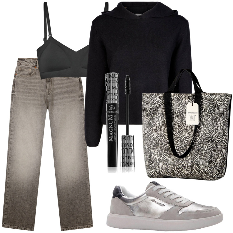 Outfit donna - Al supermercato. Stile Urban per Tutti i giorni. Abbinamento con sneakers, mascara, jeans dritti, reggiseni, borse tote, maglieria.