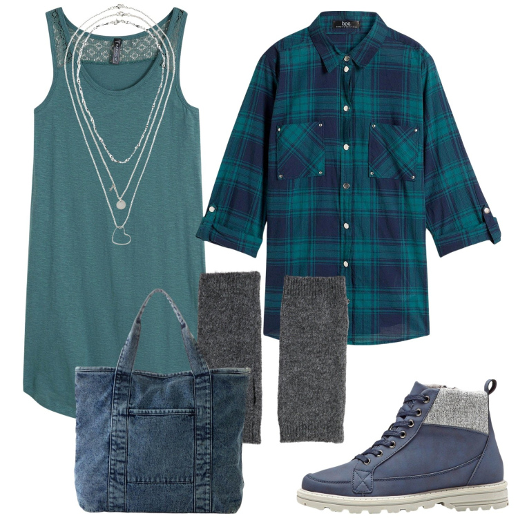 Outfit donna - Il mio autunno è così. Stile Trendy per Tutti i giorni. Abbinamento con stivaletti, vestiti, camicie, collane, shopping bag, calzini.