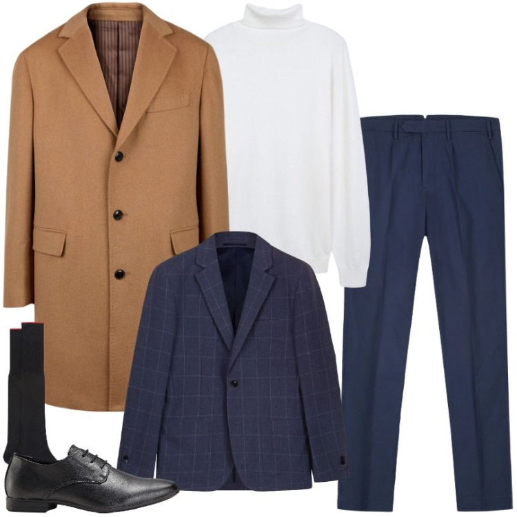 Outfit uomo - camel coat. Stile Business/Elegante per Ufficio. Abbinamento con scarpe stringate, maglieria, cappotti, pantaloni, giacche, calzini.
