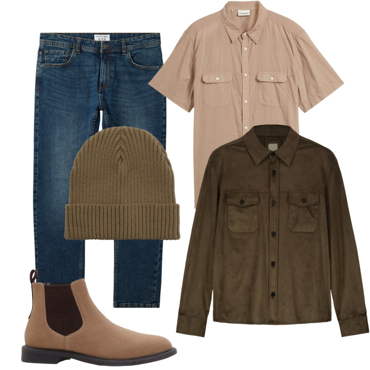 Outfit uomo - I primi freschetti. Stile Casual per Tutti i giorni. Abbinamento con camicie a manica corta, stivali e stivaletti, jeans, berretti, giacche.