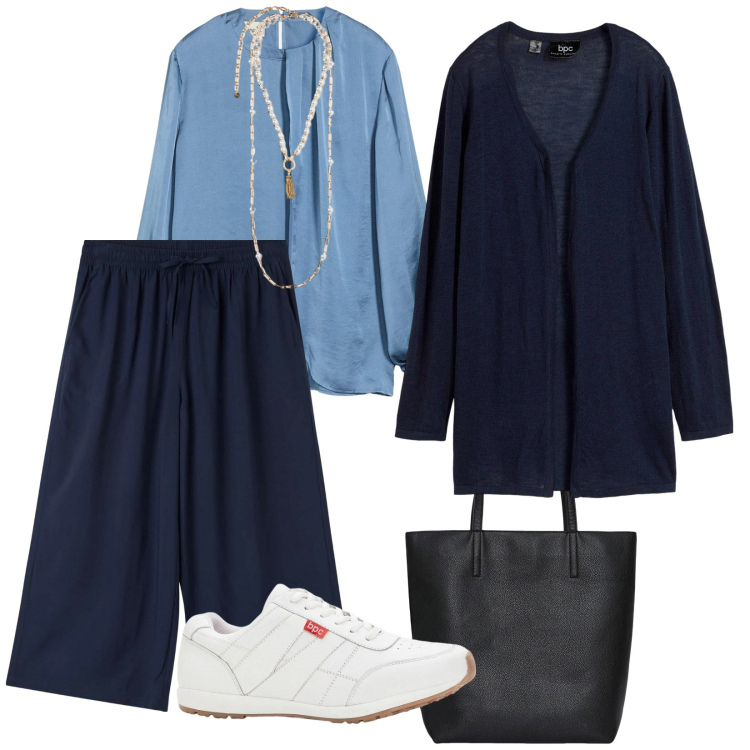 Outfit donna - Lunedì blu. per Tutti i giorni. Abbinamento con cardigans, sneakers, bluse, borse tote, pantaloni a palazzo, collane.
