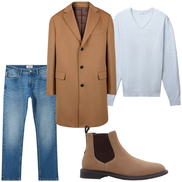 Outfit uomo - Tempo di cappotto. Stile Trendy per Ufficio. Abbinamento con stivali e stivaletti, jeans, maglieria, cappotti.