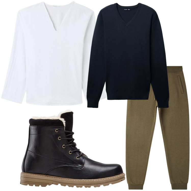 Outfit uomo - Pantaloni verde bosco. Stile Trendy per Ufficio. Abbinamento con stivali e stivaletti, camicie, pantaloni, maglieria.