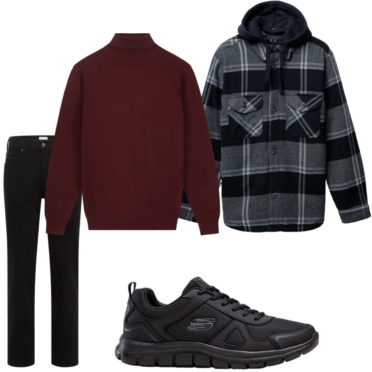 Outfit uomo - Il giaccone caldo. Stile Trendy per Tutti i giorni. Abbinamento con sneakers, jeans dritti, giacche, maglieria.