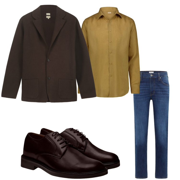 Outfit uomo - La camicia senape. Stile Casual per Ufficio. Abbinamento con jeans dritti, scarpe stringate, camicie, giacche.