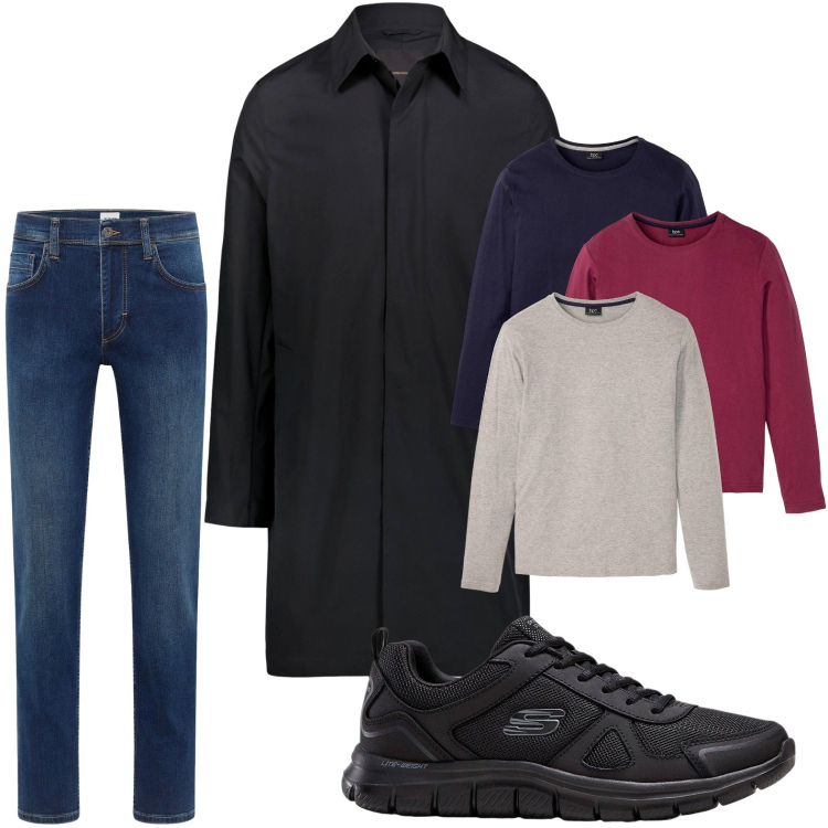 Outfit uomo - Guardaroba autunnale. Stile Trendy per Tutti i giorni. Abbinamento con sneakers, maglieria, jeans dritti, giacche.