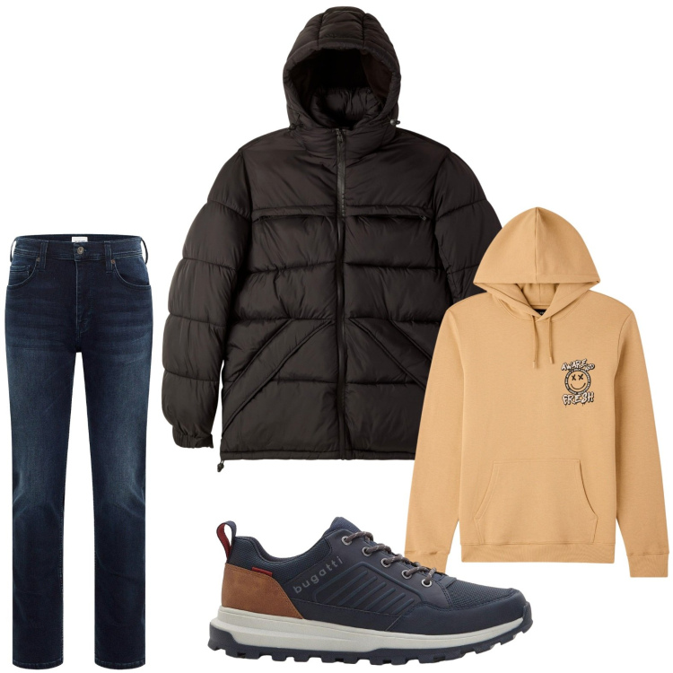 Outfit uomo - La felpa senape. Stile Trendy per Tutti i giorni. Abbinamento con jeans slim fit, sneakers, giacche, felpe con cappuccio.