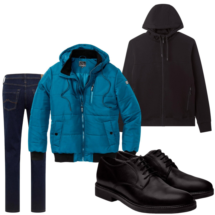 Outfit uomo - Sportivo trendy. Stile Trendy per Tutti i giorni. Abbinamento con bomber, jeans dritti, felpe con cappuccio, scarpe stringate.