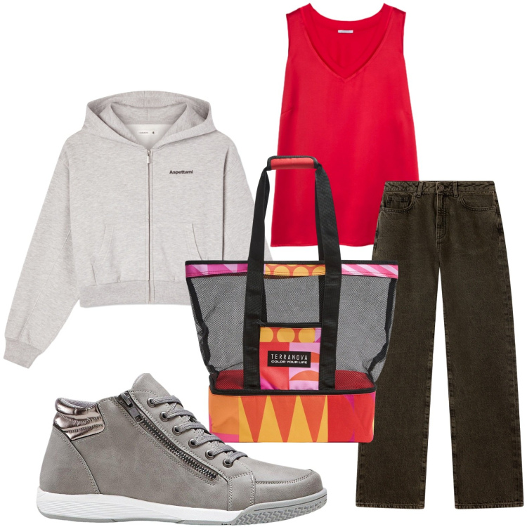 Outfit donna - Casual. Stile Minimal per Tutti i giorni. Abbinamento con sneakers alte, jeans dritti, felpe con cappuccio, borse tote, top.