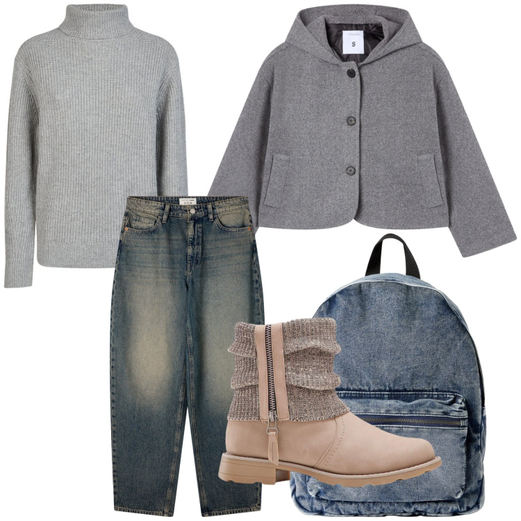 Outfit donna - Comoda. Stile Minimal per Scuola/Università. Abbinamento con stivaletti, caban, zaini, jeans, maglieria.