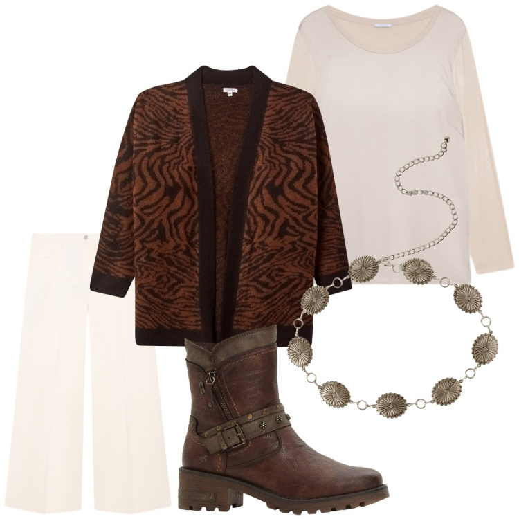 Outfit donna - Il cardigan brown. Stile Minimal per Tutti i giorni. Abbinamento con stivaletti, cardigans, cinture, t-shirt, pantaloni a palazzo.