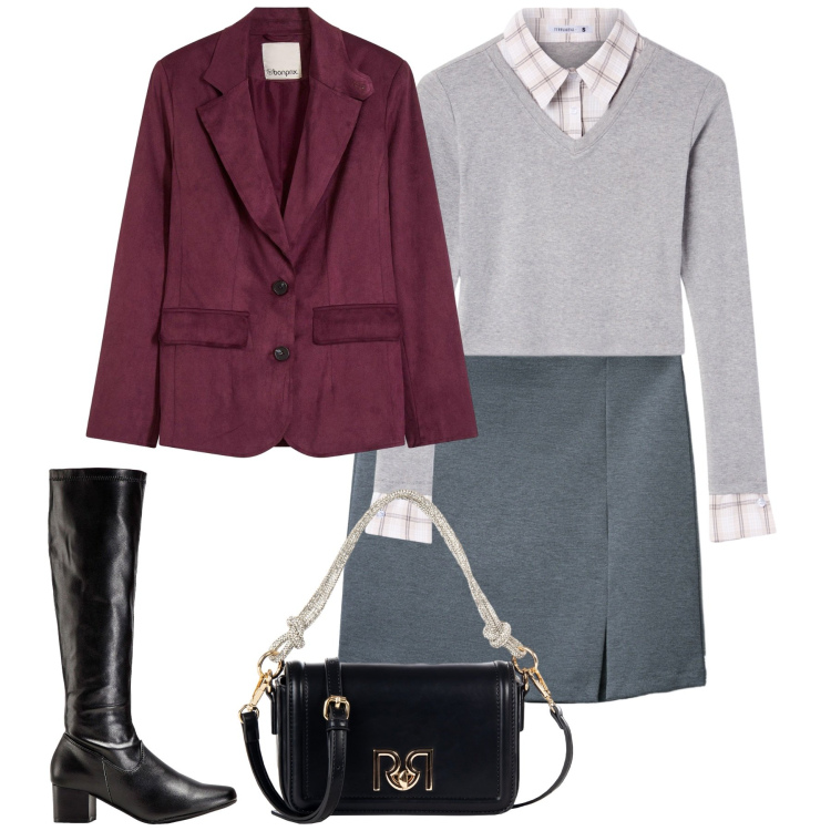 Outfit donna - In ufficio. Stile Urban per Ufficio. Abbinamento con blazer, stivali, maglieria, minigonne, borse a mano.