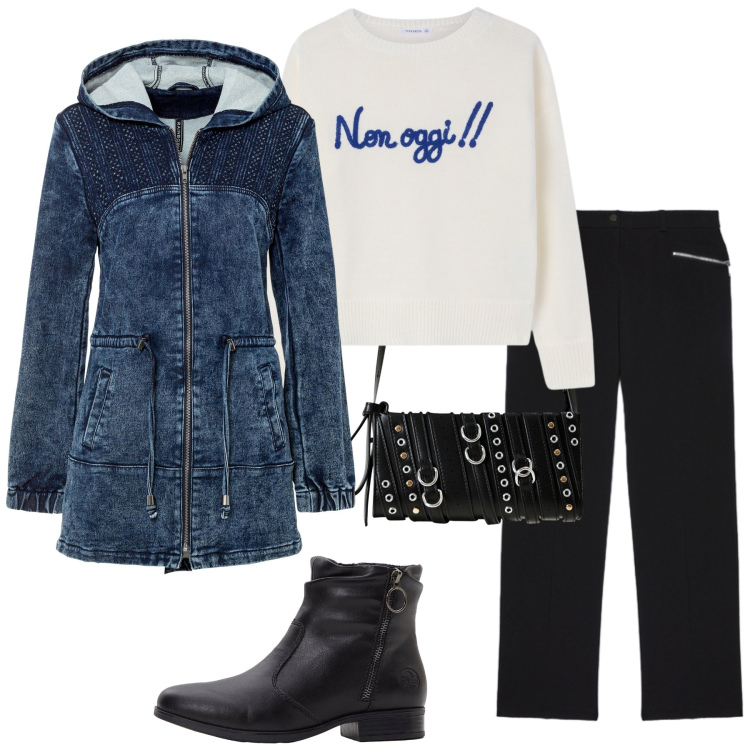 Outfit donna - Total look #2254860. Stile Basic per Scuola/Università. Abbinamento con parka, stivaletti, maglieria, borse a spalla, pantaloni.