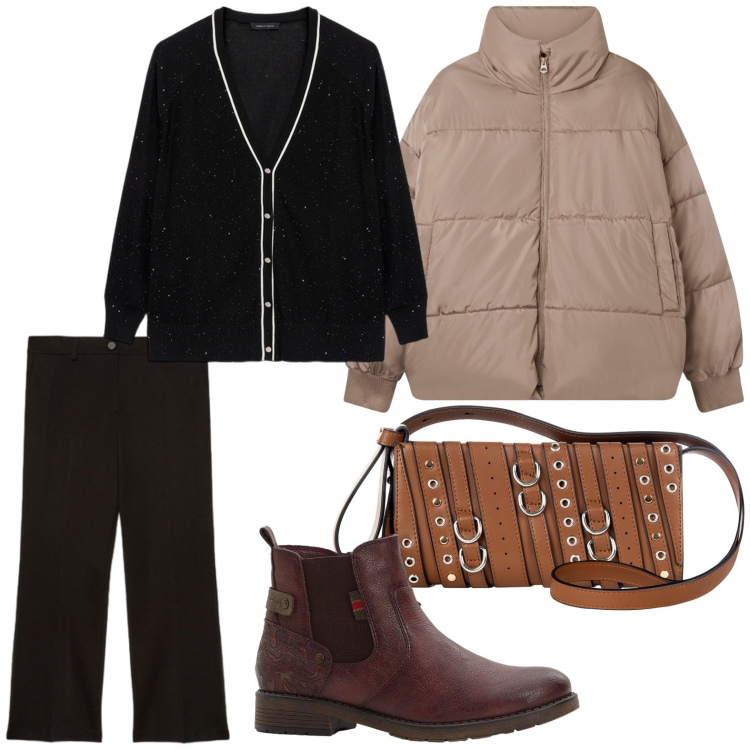 Outfit donna - Comoda. Stile Minimal per Tutti i giorni. Abbinamento con stivaletti, bomber, borse a spalla, cardigans, pantaloni.