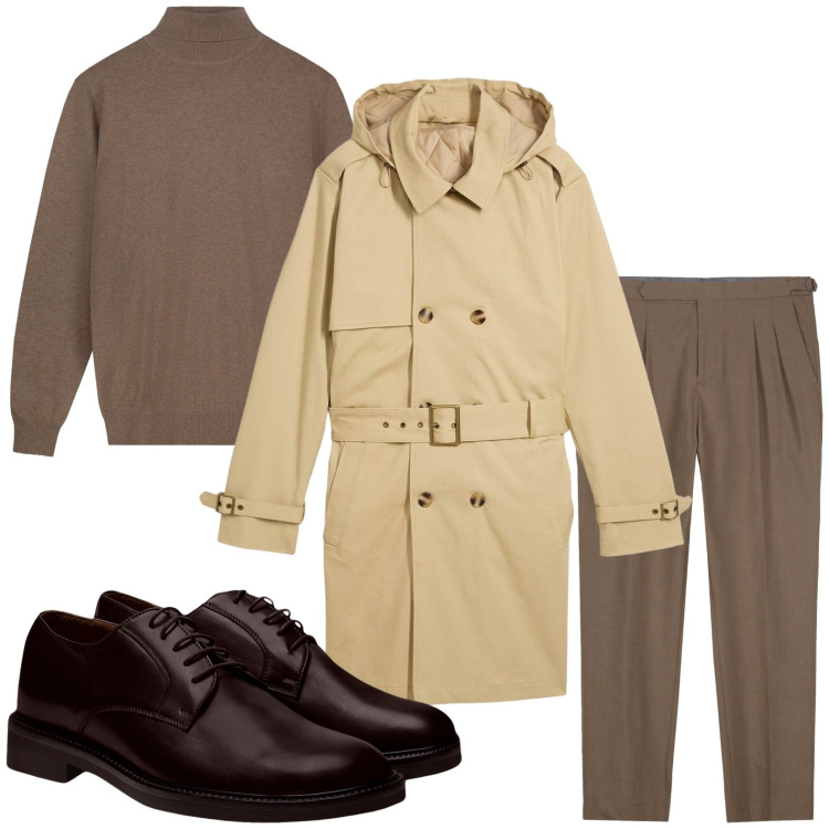 Outfit uomo - Il trench giusto. Stile Trendy per Ufficio. Abbinamento con trench, scarpe stringate, pantaloni, maglieria.