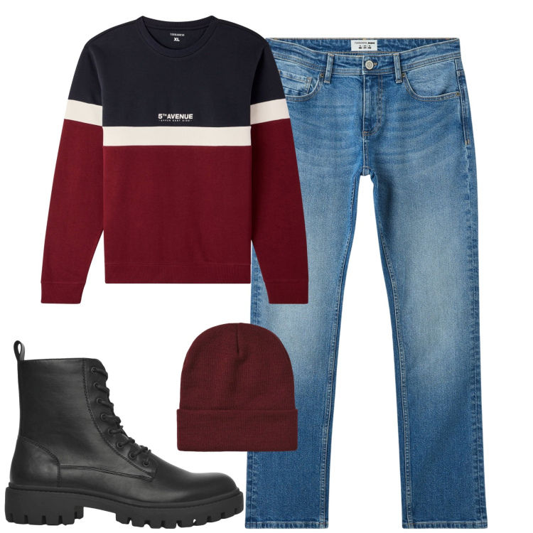 Outfit uomo - Felpa e jeans. Stile Casual per Tutti i giorni. Abbinamento con jeans, anfibi, felpe, berretti.
